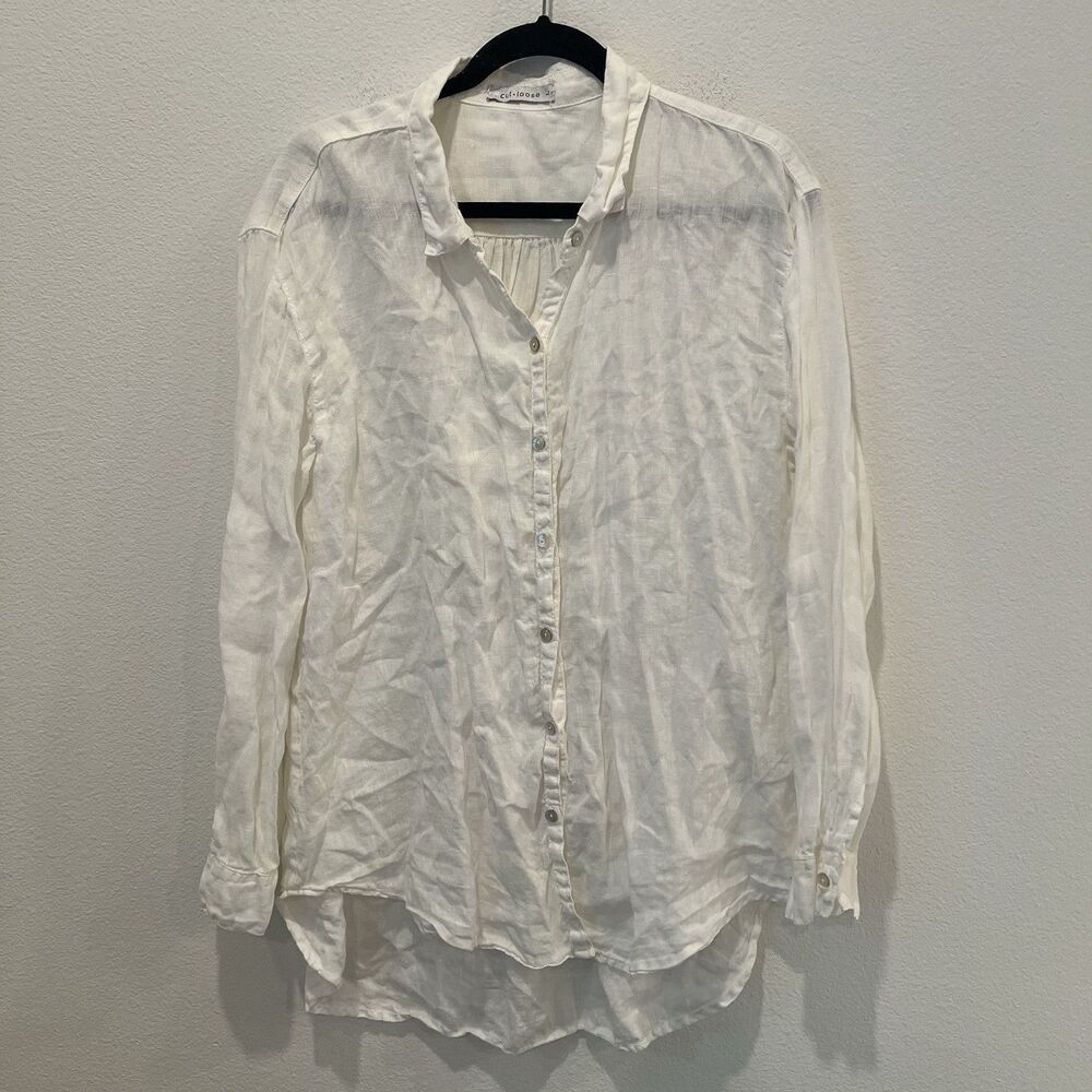 Cut Loose Linen Shirt Button Up Tunic Top White Beach Coastal Lagenlook Med